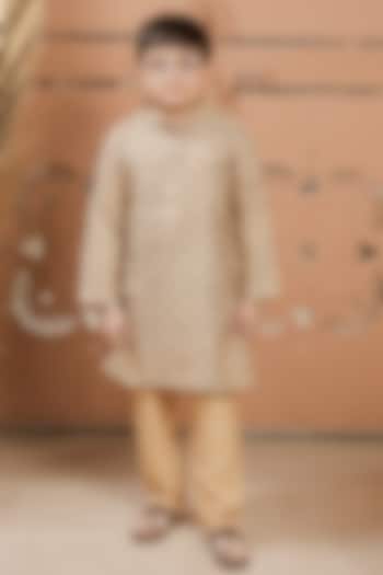 Beige Cotton Silk Printed Kurta Set For Boys by Tiny Colour at Pernia's Pop Up Shop