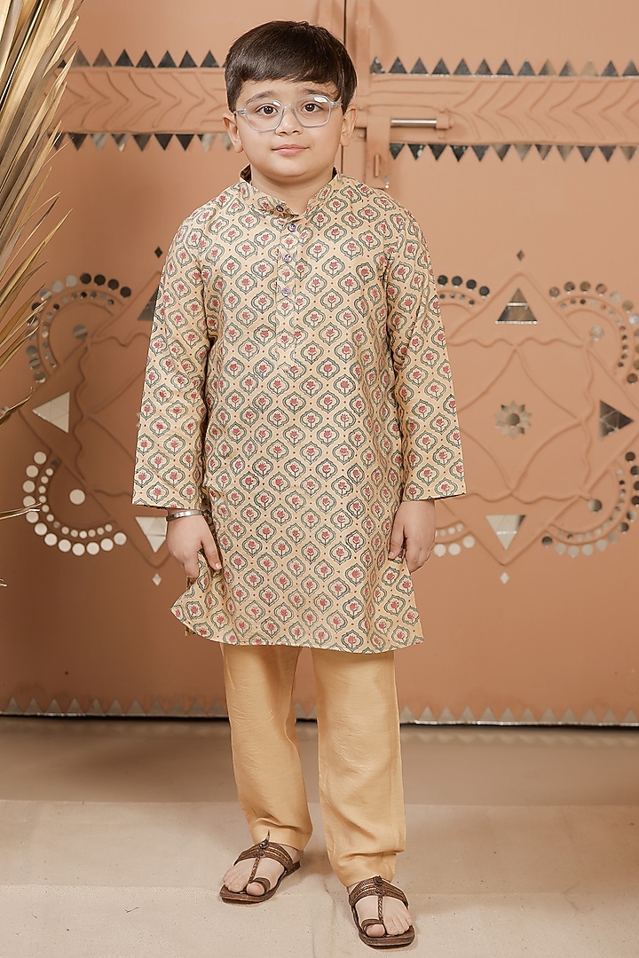 Beige Cotton Silk Printed Kurta Set For Boys by Tiny Colour at Pernia's Pop Up Shop