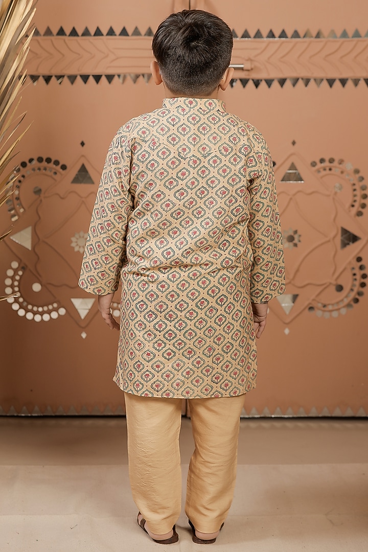 Beige Cotton Silk Printed Kurta Set For Boys by Tiny Colour at Pernia's Pop Up Shop