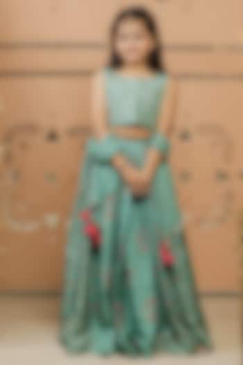 Teal Green Dola Silk Printed Lehenga Set For Girls by Tiny Colour at Pernia's Pop Up Shop