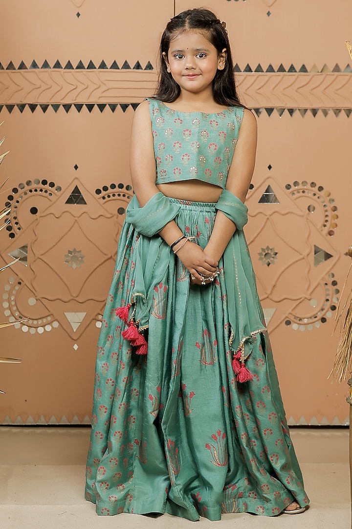 Teal Green Dola Silk Printed Lehenga Set For Girls by Tiny Colour at Pernia's Pop Up Shop