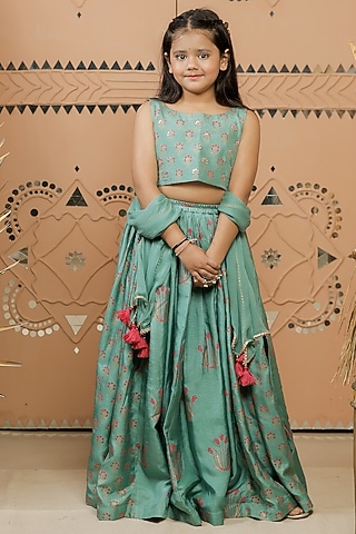 Teal Green Dola Silk Printed Lehenga Set For Girls by Tiny Colour