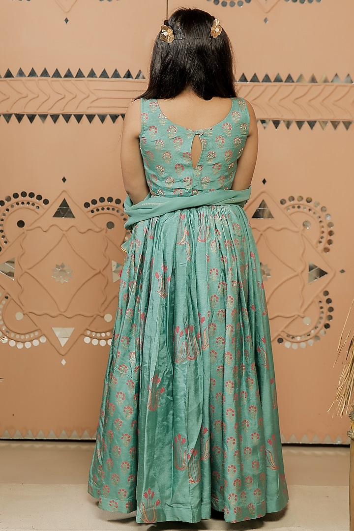 Teal Green Dola Silk Printed Lehenga Set For Girls by Tiny Colour at Pernia's Pop Up Shop
