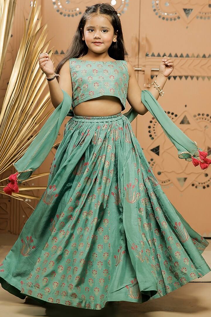 Teal Green Dola Silk Printed Lehenga Set For Girls by Tiny Colour at Pernia's Pop Up Shop