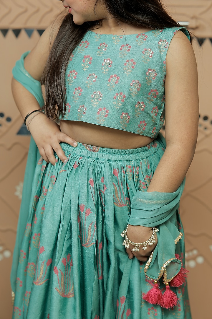 Teal Green Dola Silk Printed Lehenga Set For Girls by Tiny Colour at Pernia's Pop Up Shop