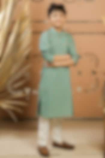 Teal Green Cotton Silk Printed Kurta Set For Boys by Tiny Colour at Pernia's Pop Up Shop