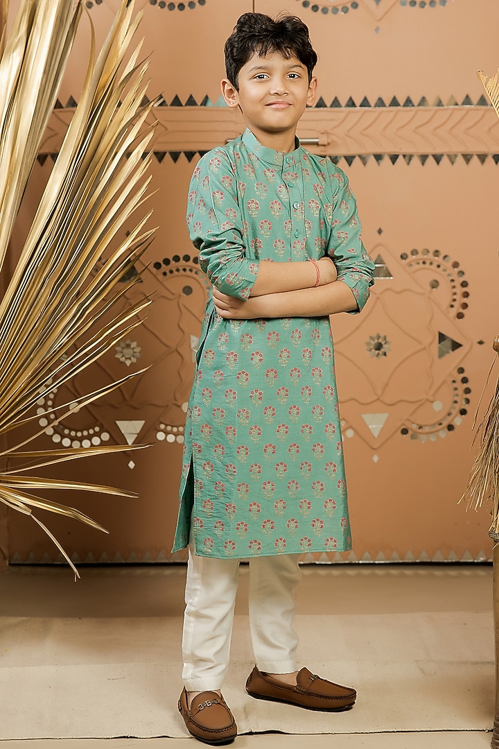 Teal Green Cotton Silk Printed Kurta Set For Boys by Tiny Colour at Pernia's Pop Up Shop