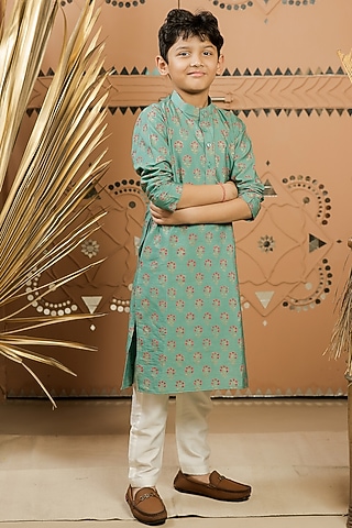 Teal Green Cotton Silk Printed Kurta Set For Boys by Tiny Colour
