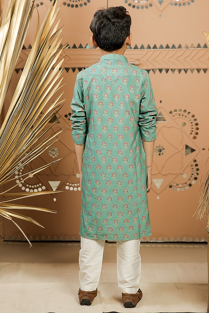 Teal Green Cotton Silk Printed Kurta Set For Boys by Tiny Colour at Pernia's Pop Up Shop
