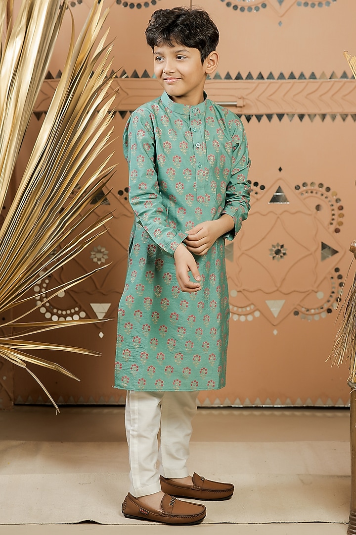 Teal Green Cotton Silk Printed Kurta Set For Boys by Tiny Colour at Pernia's Pop Up Shop