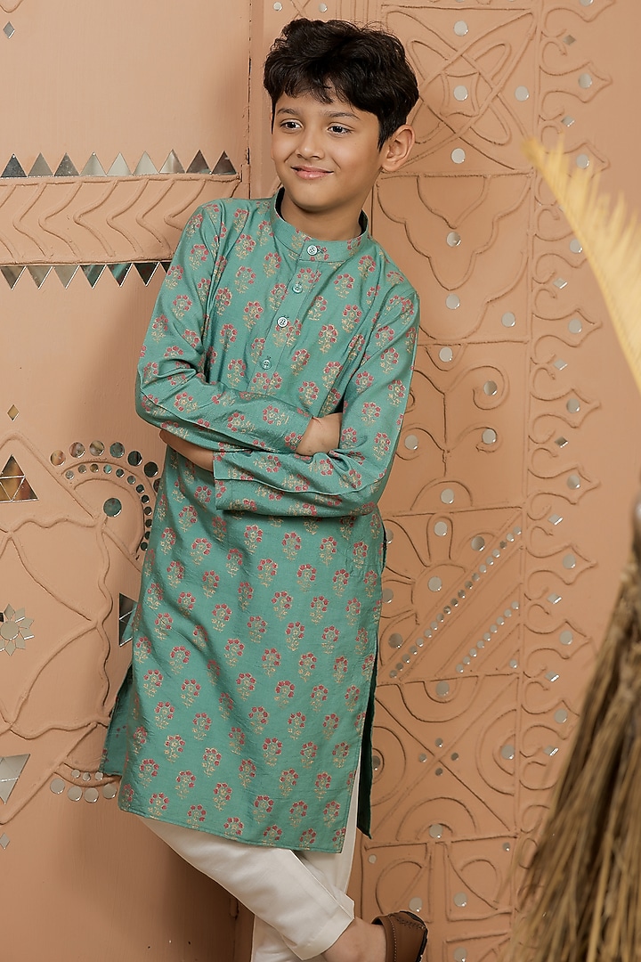 Teal Green Cotton Silk Printed Kurta Set For Boys by Tiny Colour at Pernia's Pop Up Shop