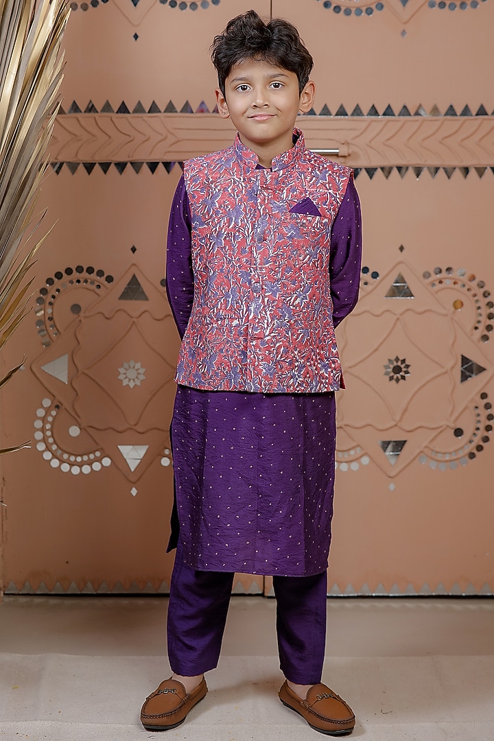 Purple Modal Floral Nehru Jacket Set For Boys by Tiny Colour at Pernia's Pop Up Shop
