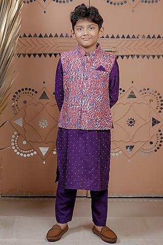 Purple Modal Floral Nehru Jacket Set For Boys by Tiny Colour