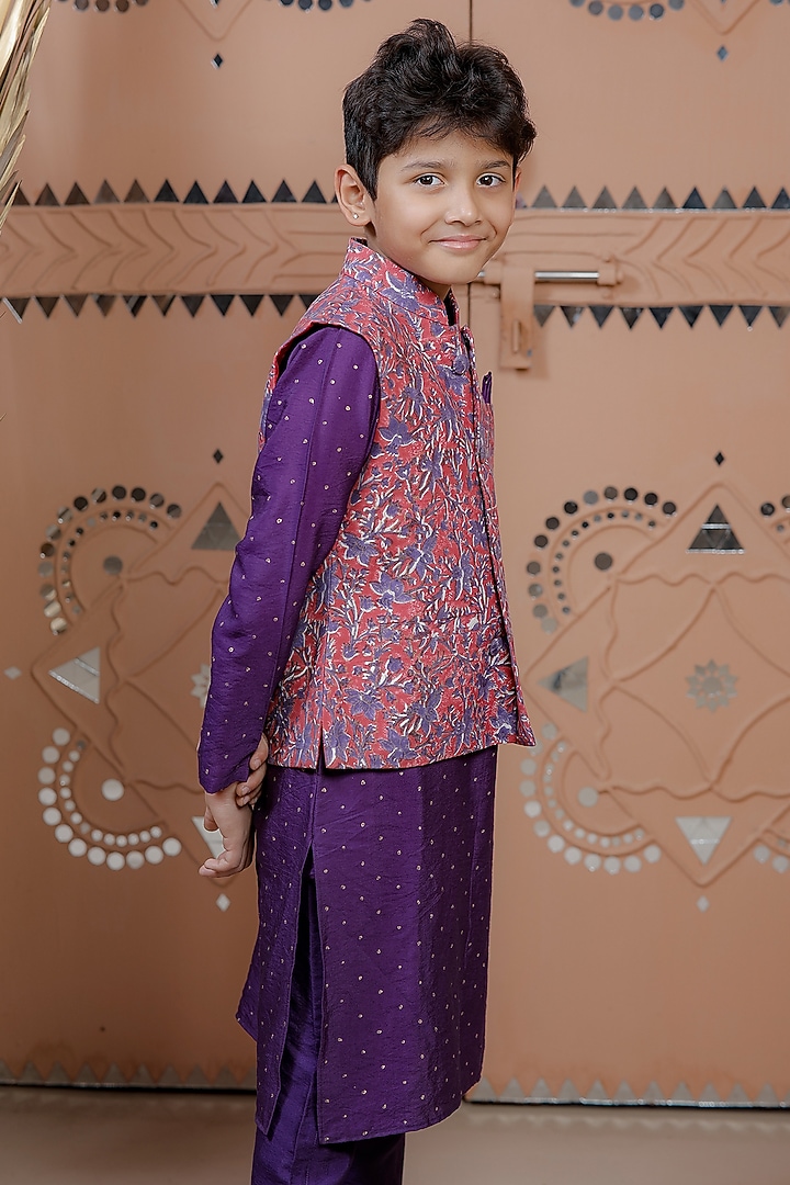 Purple Modal Floral Nehru Jacket Set For Boys by Tiny Colour at Pernia's Pop Up Shop