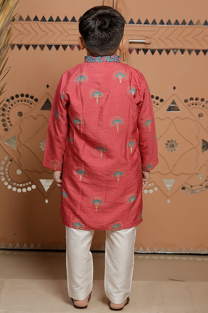Pink Cotton Silk Printed Kurta Set For Boys by Tiny Colour at Pernia's Pop Up Shop