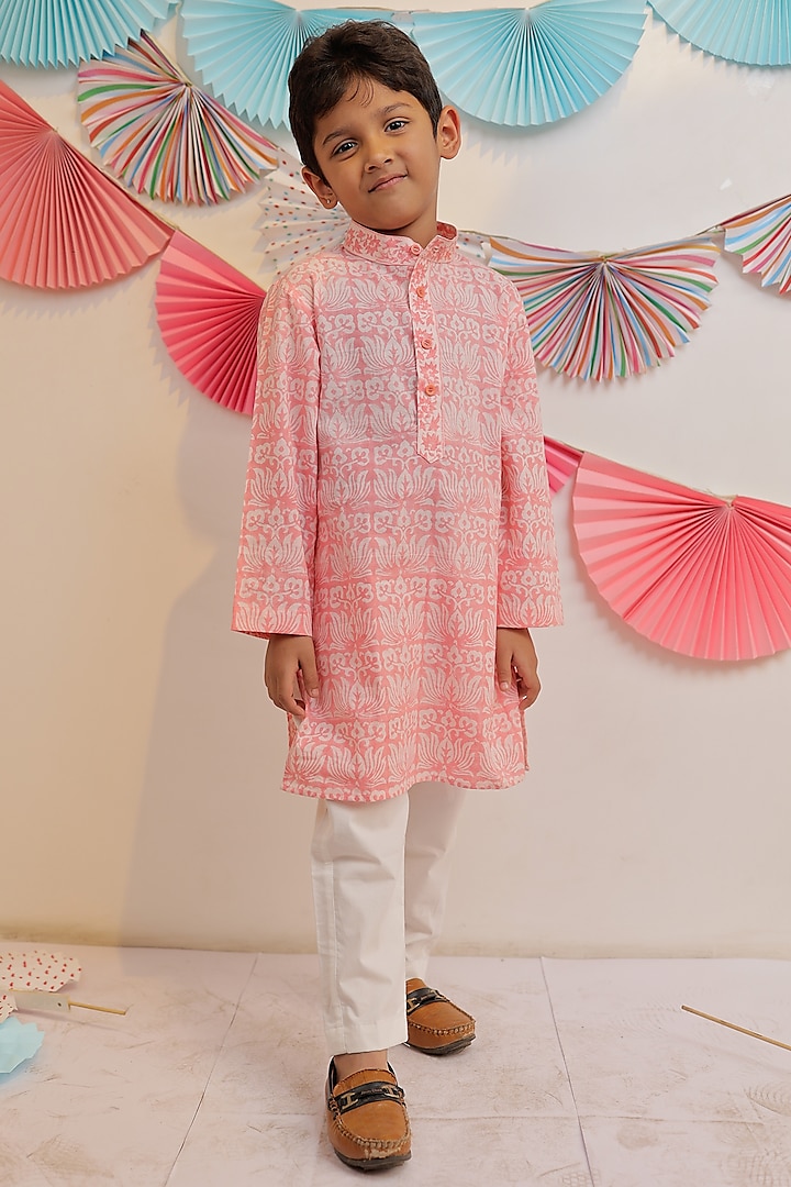 Peach Cotton Printed Kurta Set For Boys by Tiny Colour