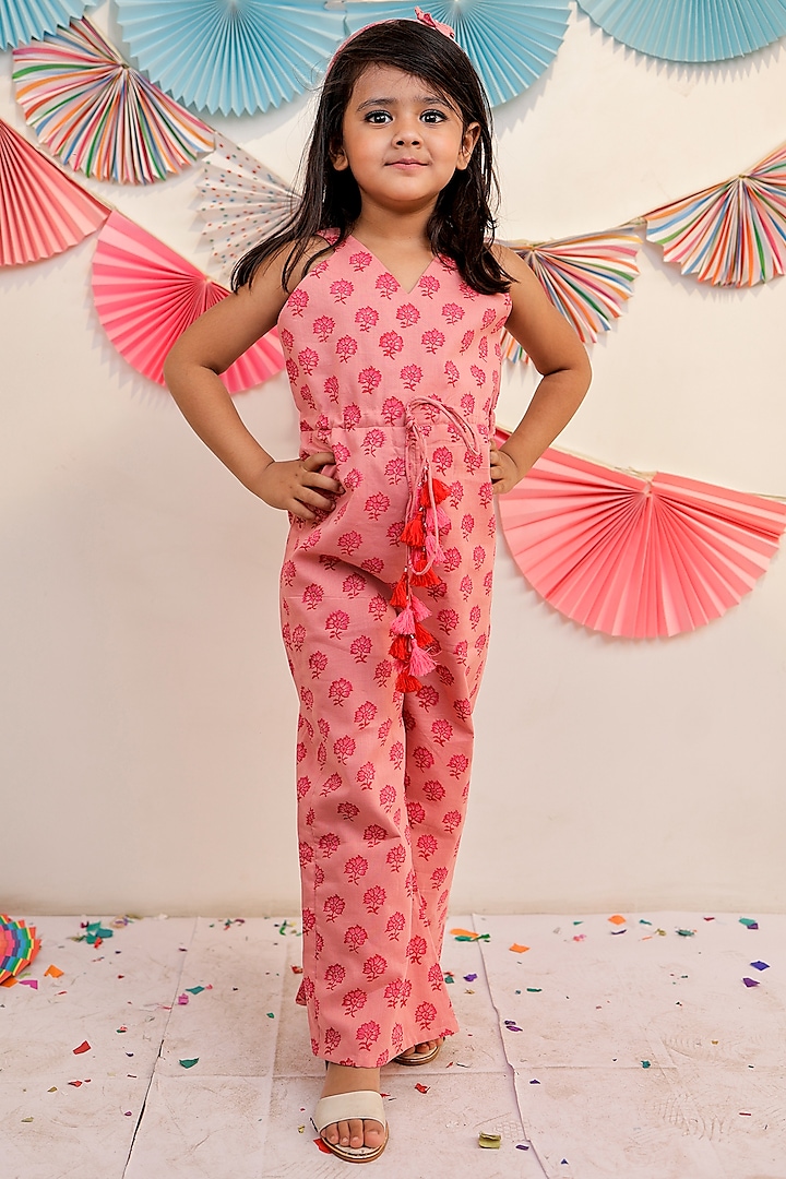 Blush Pink Mul Cotton Printed Jumpsuit For Girls by Tiny Colour