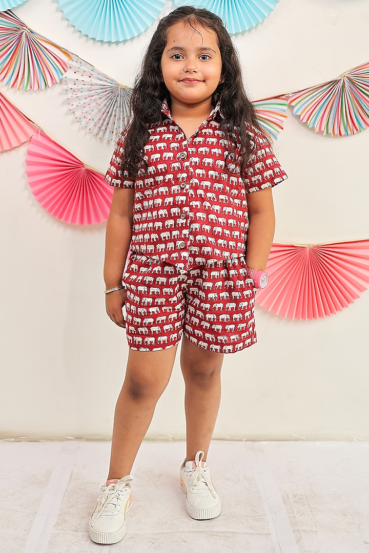 Brick Red Cotton Block Printed Co-Ord Set For Girls by Tiny Colour at Pernia's Pop Up Shop