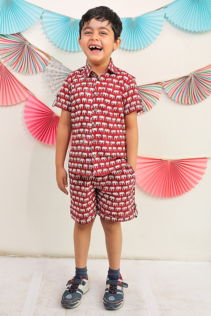 Brick Red Cotton Block Printed Co-Ord Set For Boys by Tiny Colour