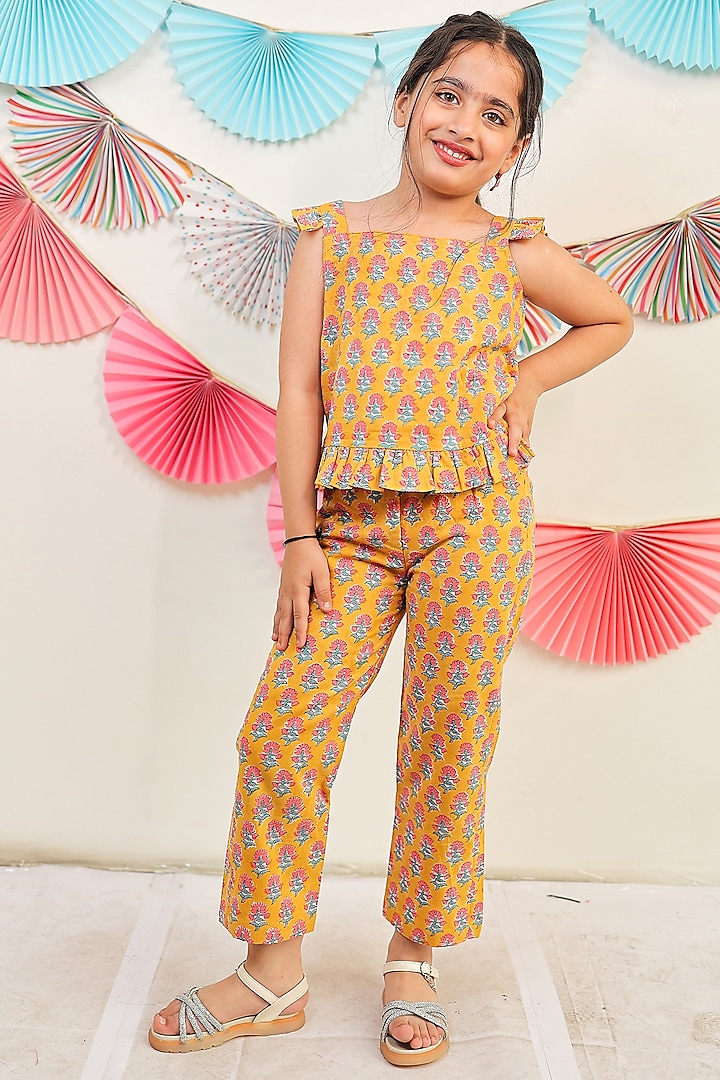 Mustard Yellow Cotton Floral Printed Co-Ord Set For Girls by Tiny Colour at Pernia's Pop Up Shop