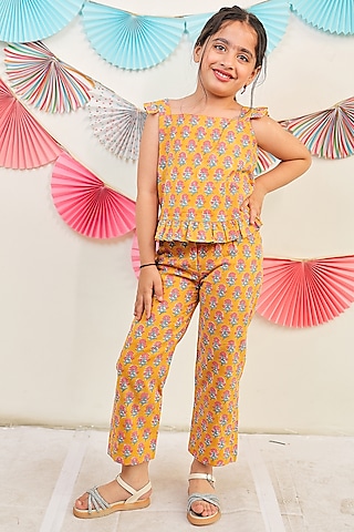 Mustard Yellow Cotton Floral Printed Co-Ord Set For Girls by Tiny Colour