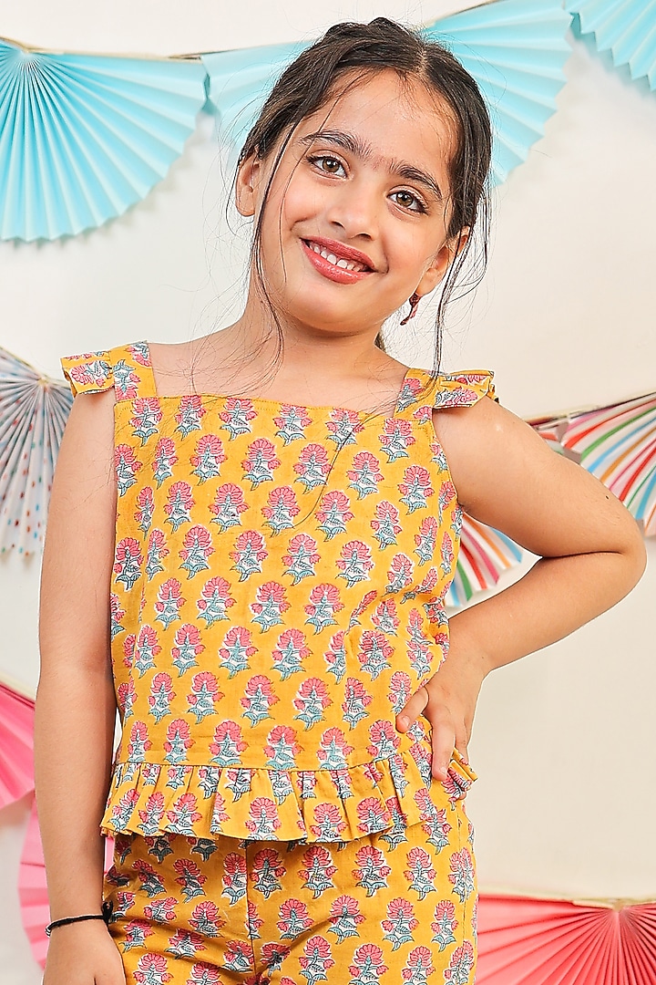 Mustard Yellow Cotton Floral Printed Co-Ord Set For Girls by Tiny Colour at Pernia's Pop Up Shop