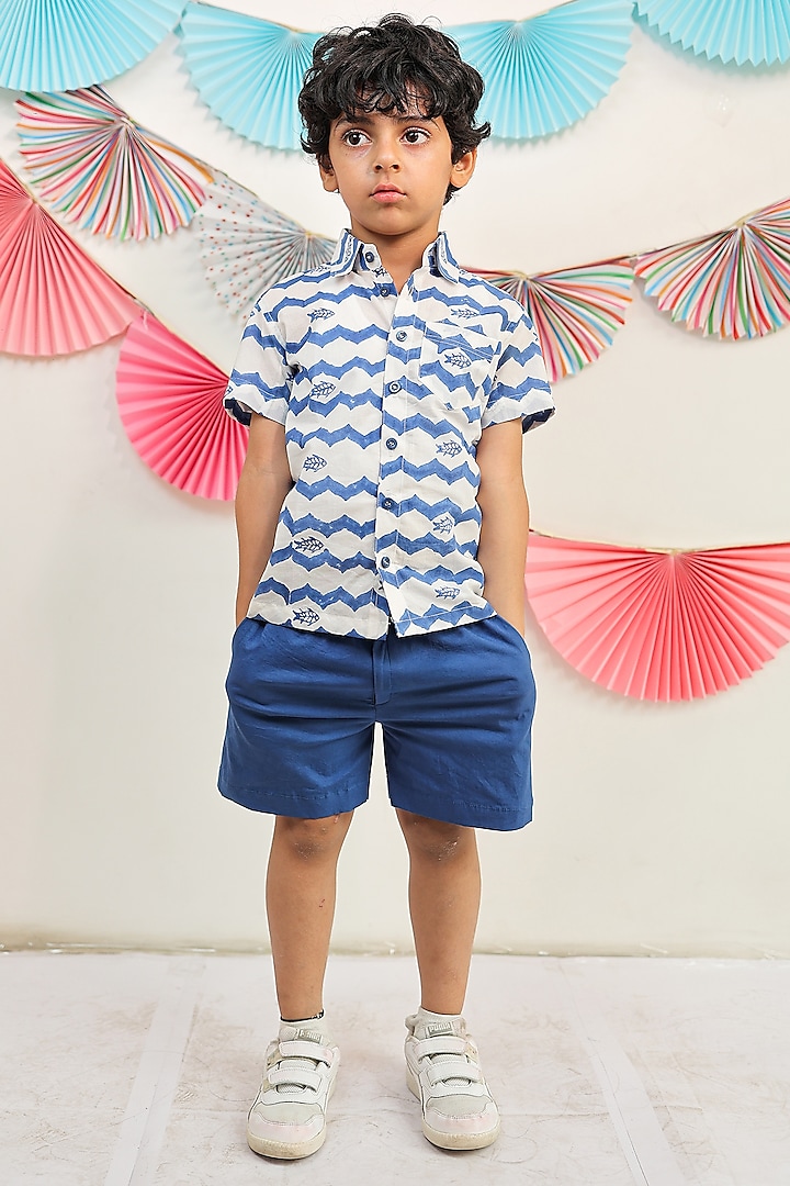 Blue & White Cotton Block Printed Co-Ord Set For Boys by Tiny Colour
