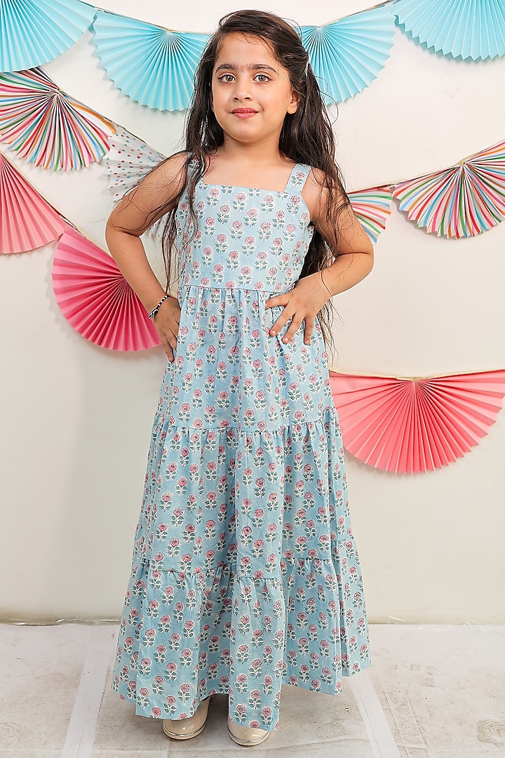 Sky Blue Cotton Floral Printed Layered Dress For Girls Design by