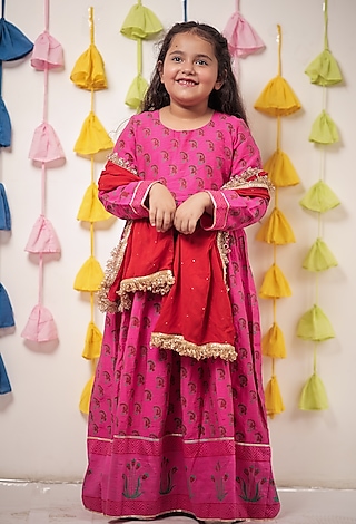 Pink Chanderi Block Printed Anarkali Set For Girls by Tiny Colour