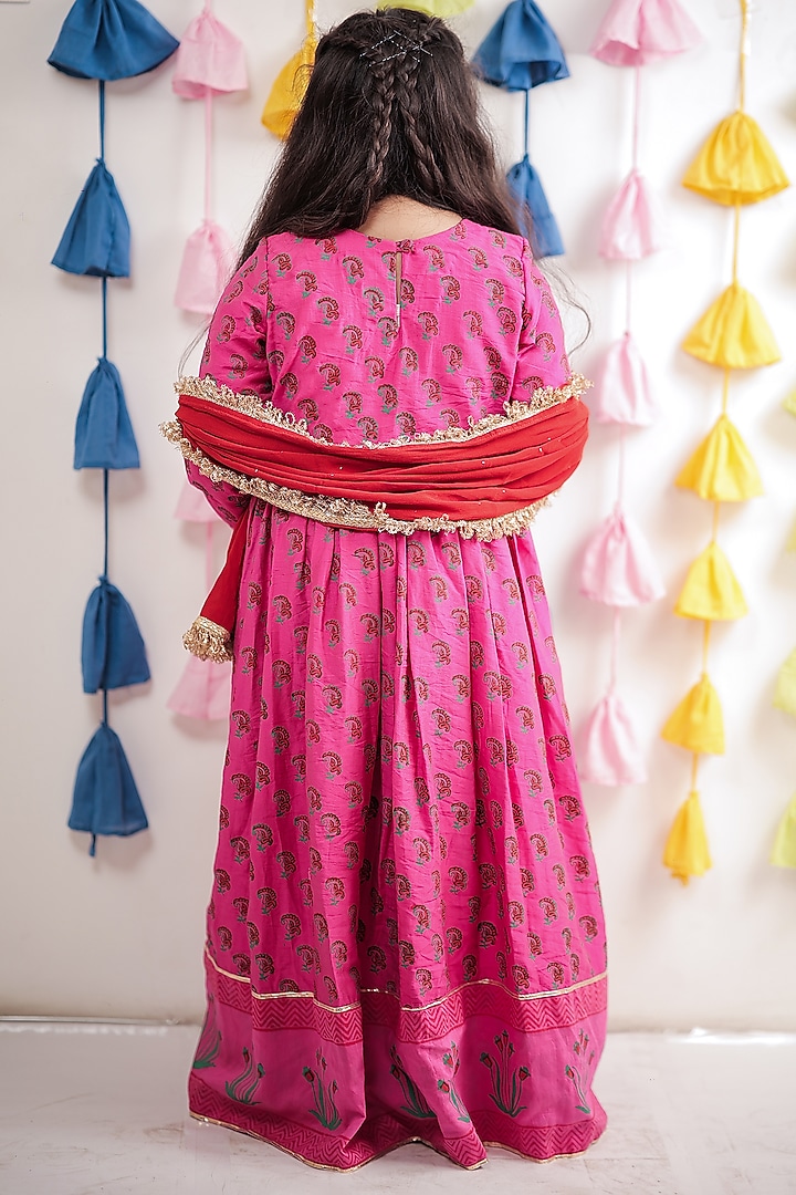 Pink Chanderi Block Printed Anarkali Set For Girls by Tiny Colour at Pernia's Pop Up Shop