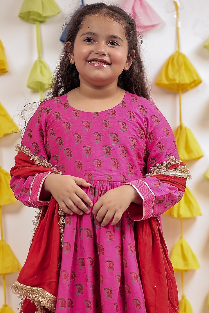 Pink Chanderi Block Printed Anarkali Set For Girls by Tiny Colour at Pernia's Pop Up Shop