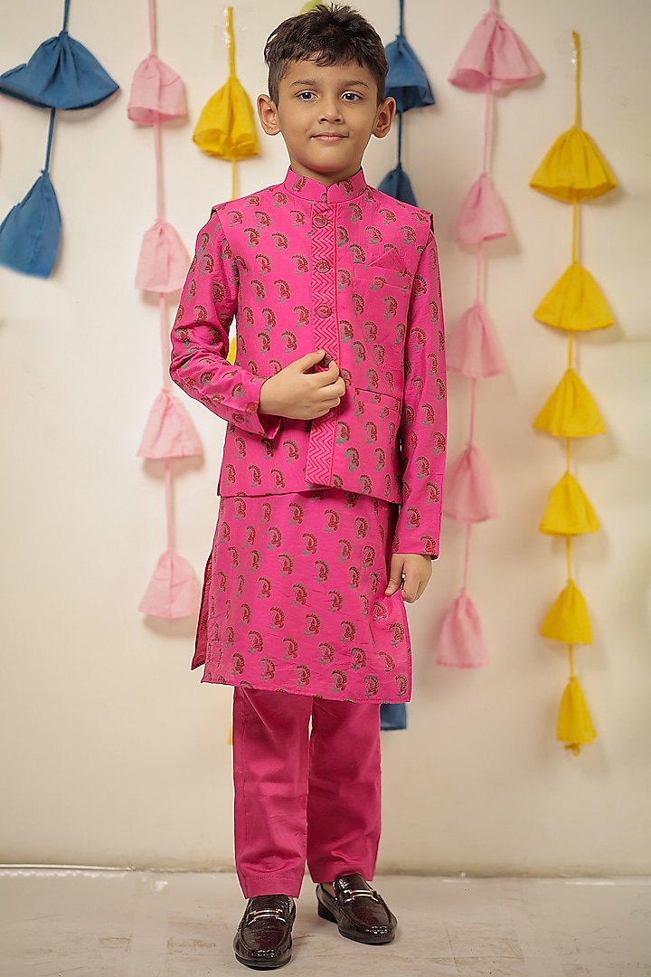 Pink Chanderi Block Printed Nehru Jacket Set For Boys by Tiny Colour