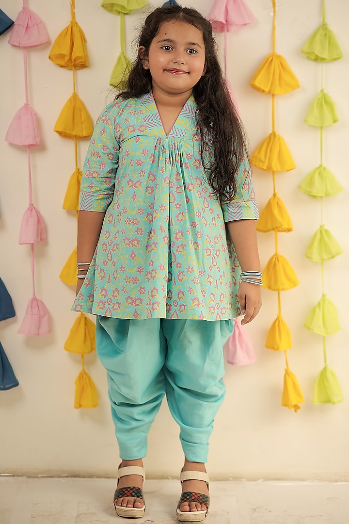 Sky Blue MulMul Cotton Dhoti Set For Girls by Tiny Colour at Pernia's Pop Up Shop