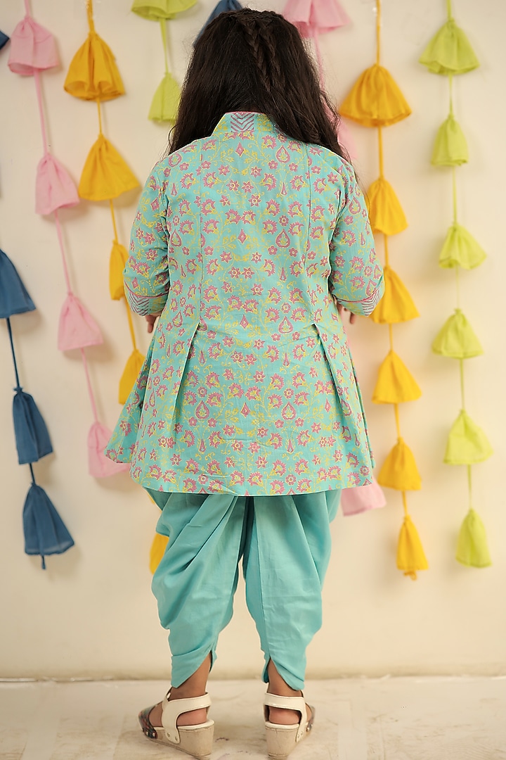 Sky Blue MulMul Cotton Dhoti Set For Girls by Tiny Colour at Pernia's Pop Up Shop