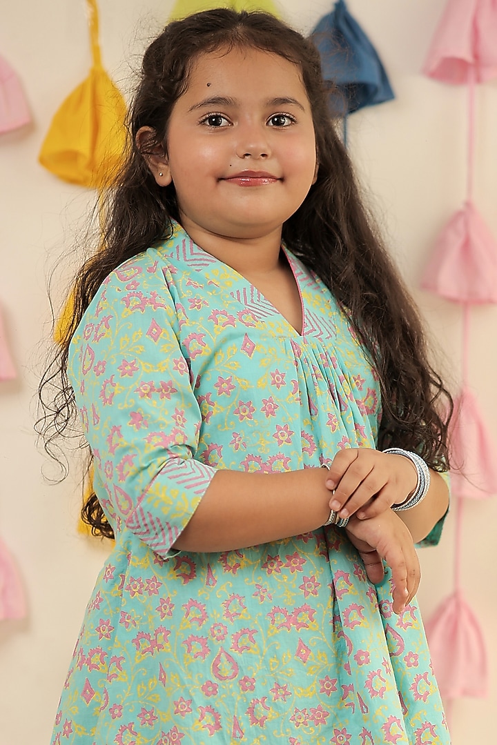 Sky Blue MulMul Cotton Dhoti Set For Girls by Tiny Colour at Pernia's Pop Up Shop