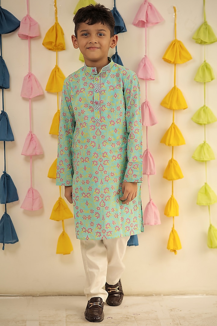 Sky Blue Mulmul Cotton Kurta Set For Boys by Tiny Colour