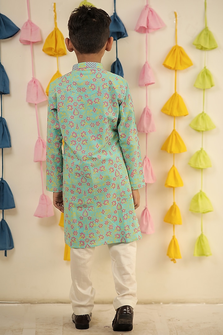 Sky Blue Mulmul Cotton Kurta Set For Boys by Tiny Colour at Pernia's Pop Up Shop