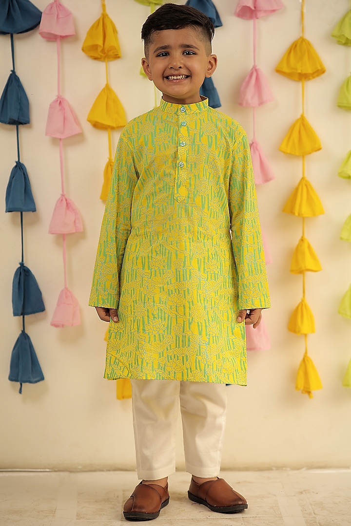 Lemon Yellow Mulmul Cotton Block Printed Kurta Set For Boys by Tiny Colour