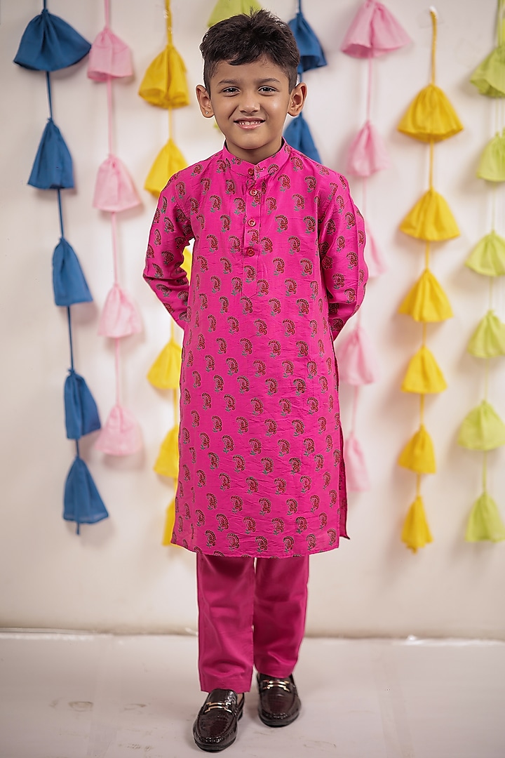 Pink Chanderi Block Printed Kurta Set For Boys by Tiny Colour