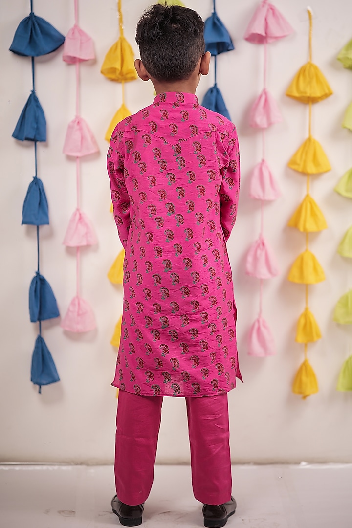 Pink Chanderi Block Printed Kurta Set For Boys by Tiny Colour at Pernia's Pop Up Shop