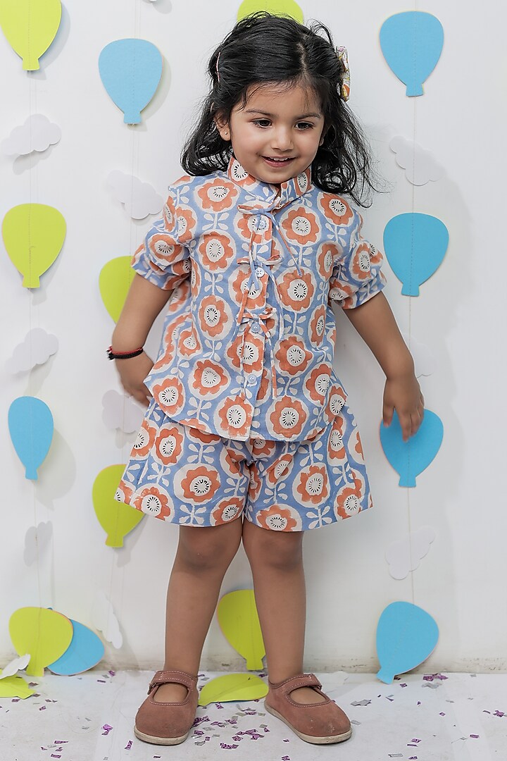 Blue & Orange Cotton Printed Co-Ord Set For Girls by Tiny Colour at Pernia's Pop Up Shop