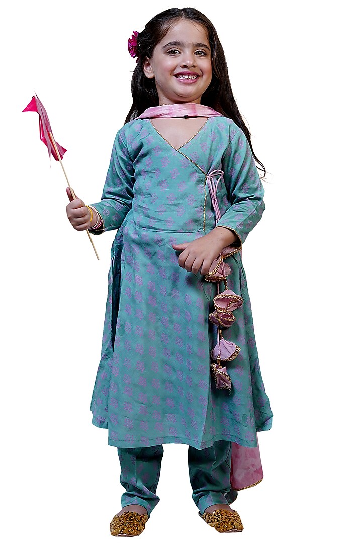 Aqua Blue Printed Kurta Set For Girls by Tiny Colour at Pernia's Pop Up Shop