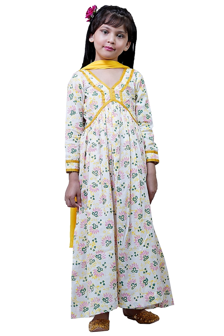White Floral Printed Anarkali Set For Girls by Tiny Colour