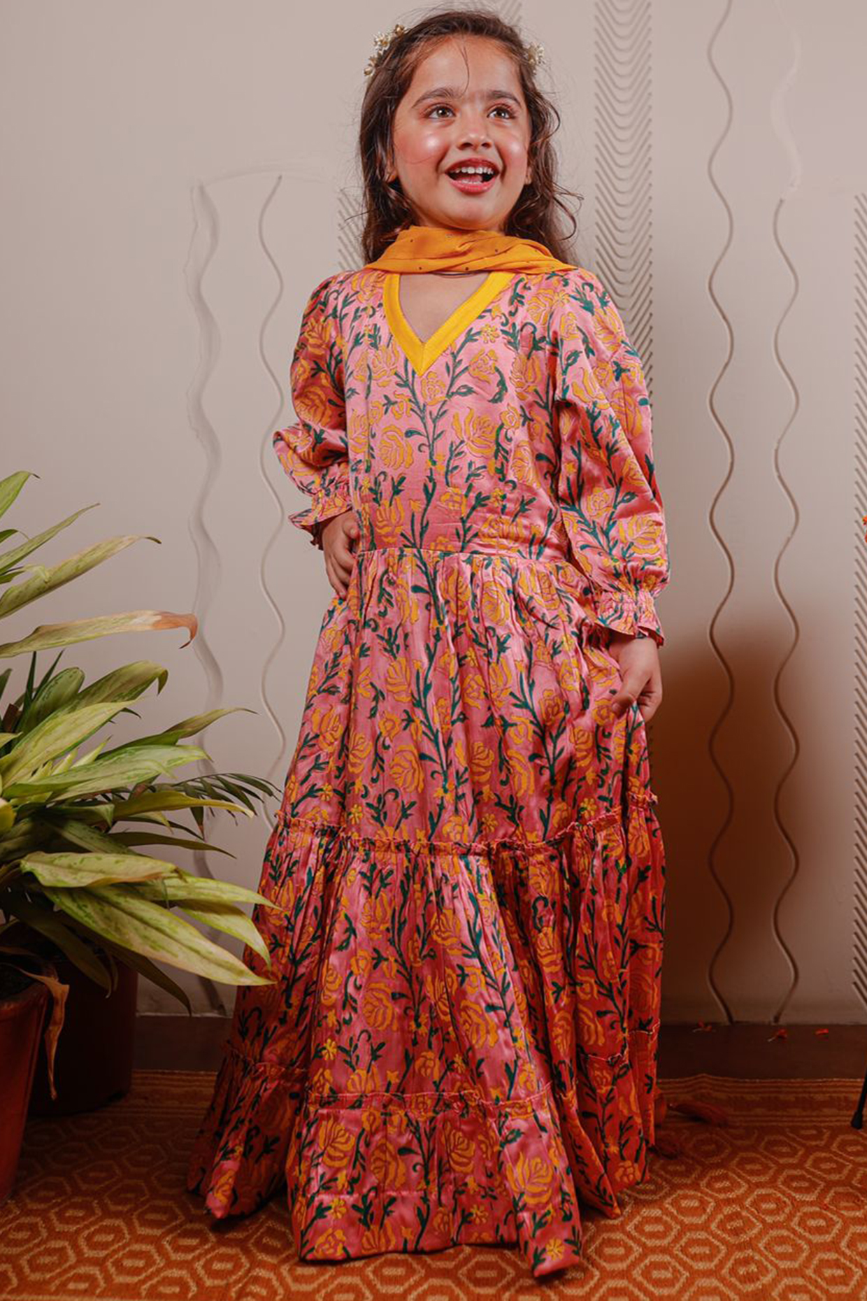 Peach Floral Printed Anarkali Set For Girls by Tiny Colour at Pernia's Pop Up Shop