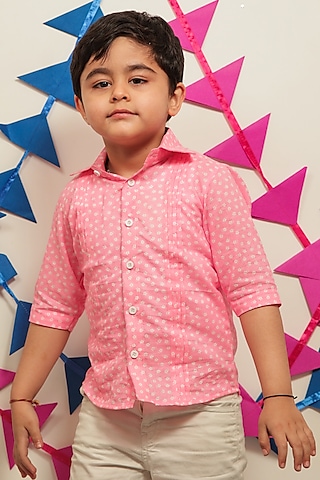 Pink & White Cotton Printed Shirt For Boys by Tiny Colour