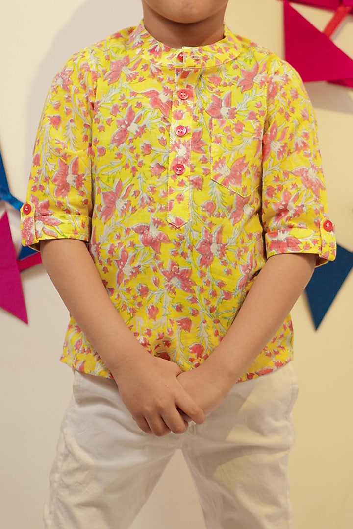 Yellow Mul Mul Printed Shirt For Boys by Tiny Colour at Pernia's Pop Up Shop
