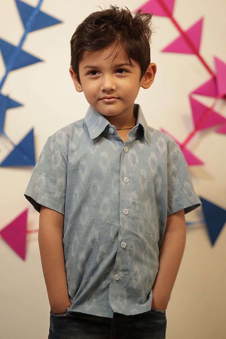 Greyish-Blue Cotton Printed Shirt For Boys by Tiny Colour at Pernia's Pop Up Shop