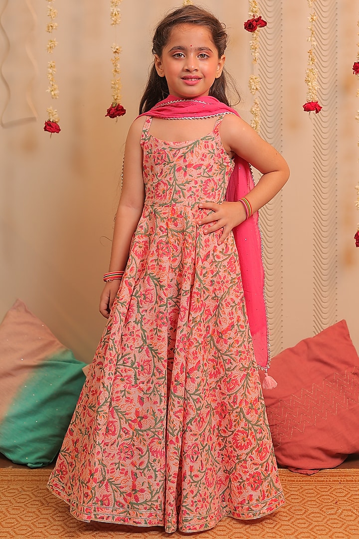 Pink Embellished Anarkali Set For Girls by Tiny Colour