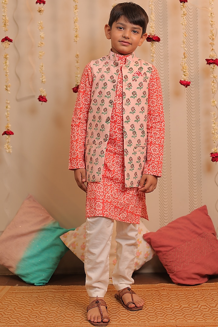 Orange Printed Kurta Set With Nehru Jacket For Boys by Tiny Colour