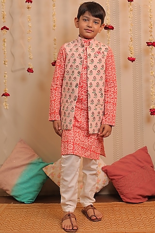 Orange Printed Kurta Set With Nehru Jacket For Boys by Tiny Colour